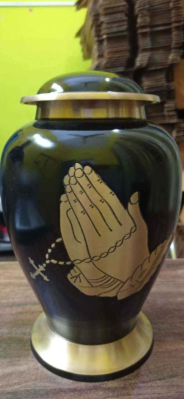 BLACK BRASS PRAYING HAND WITH CROSS CREMATION URN FUNERAL SUPPLIES