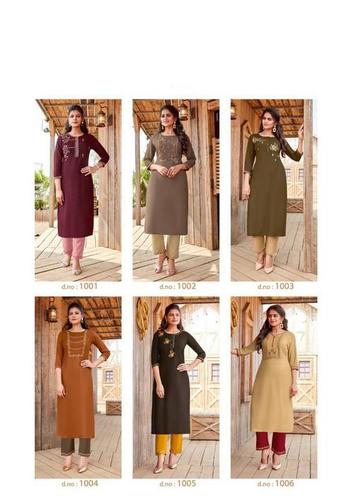 6 Different Colours 14 Kg Heavy Rayon Kurti With Bottom (Embroidery Work)