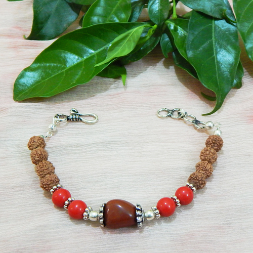 Gemstone Red Jasper & Coral & Rudraksha Beads Bracelet