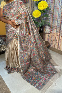 Madhubani Hand Painted Pure Tussar Silk Saree