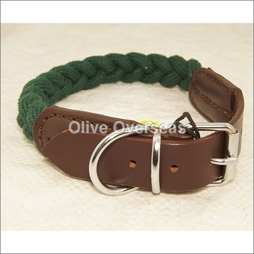 Braided Green Rope Dog Collar with Saddle Leather Straps
