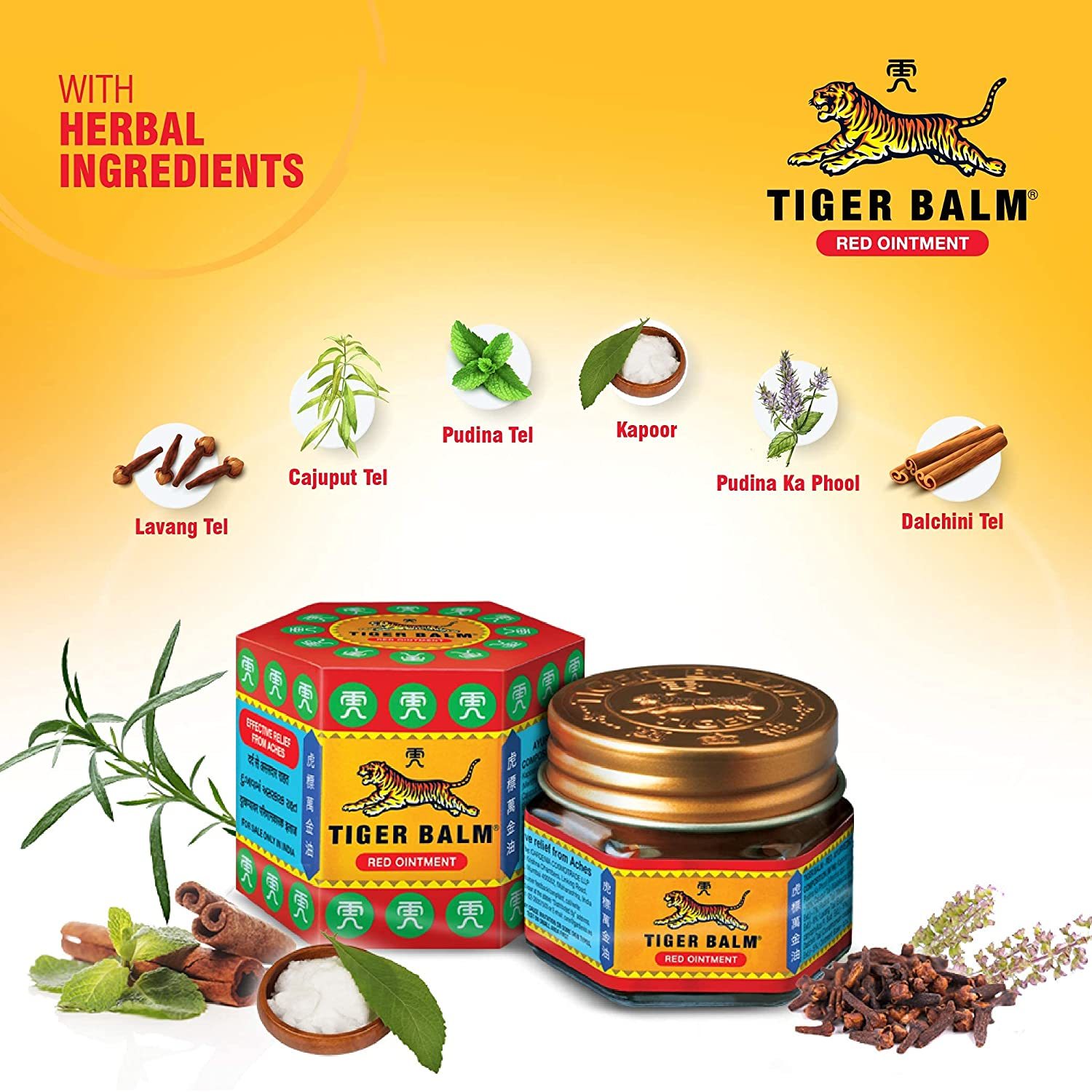 Tiger Balm Red Ointment For Effective Relief From Muscular Aches, Sprains & Pain - 21ml(Pack Of 6)