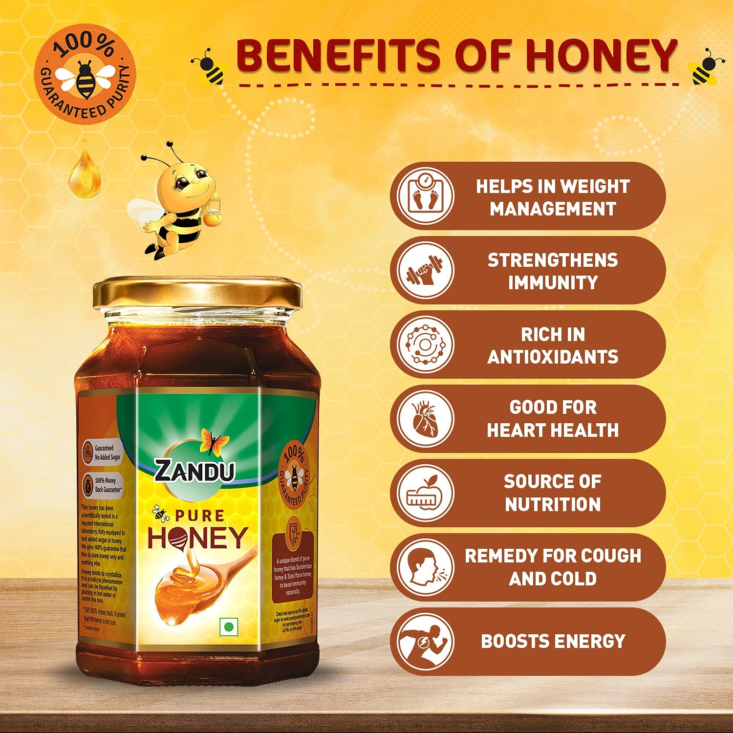 Zandu Pure Honey, 100% Purity, No Added Sugar - 500g