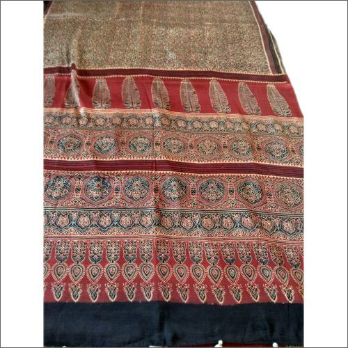 Casual Ladies Golden And Red Hand Block Print Modal Silk Saree