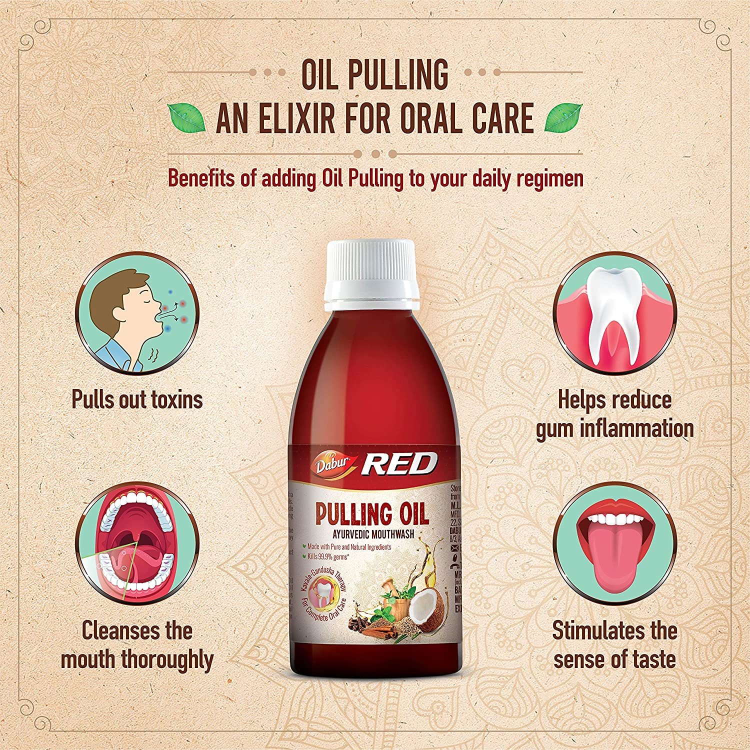 Dabur Red Pulling Oil : Ayurvedic Mouthwash - Kavala Gandusha Therapy / Oral Detox For Teeth And Gums