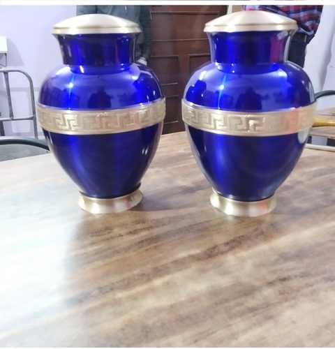 BLUE BRASS CREMATION URN WITH GOLDEN ENGRAVED