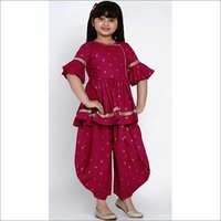 Kids Fancy Peplum Top With Dhoti - 100% Cotton, Girls 1/4 Sleeve Design, Colorful Printed Pattern For Summer | Breathable, Washable, No Fade