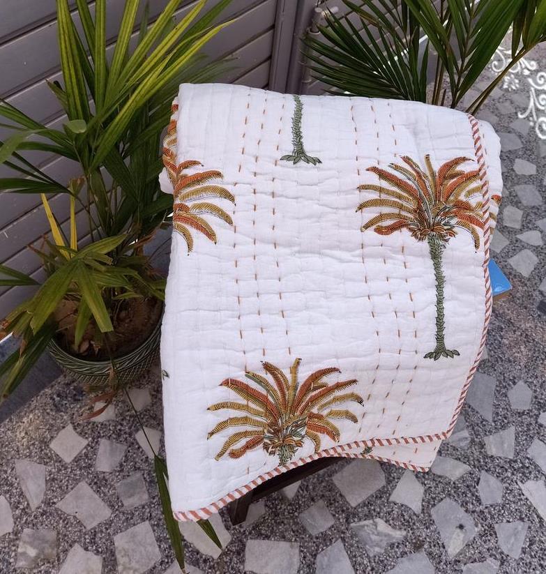 palm tree hand block kantha quilt