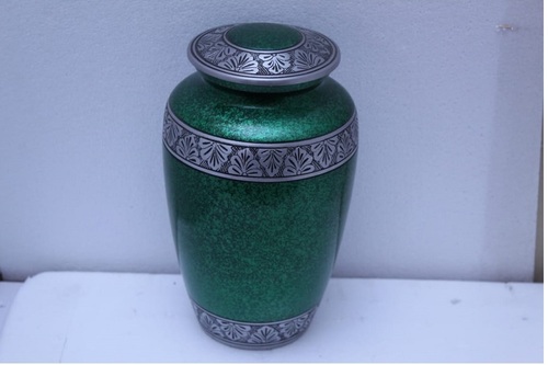 ALUMINIUM GREEN COLOUR URN WITH SILVER ENGRAVED FUNERAL SUPPLIES