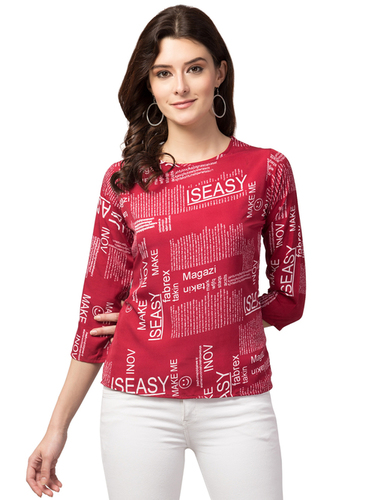 Ladies Red Paper Printed Tops - Cotton, S-XL, Red | Stylish Design, Soft Fabric, Comfortable Fit