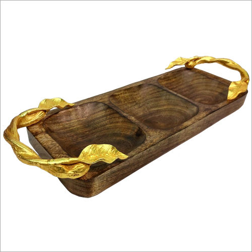 Long Rectangle Wood Tray with Metal Leaf Handle
