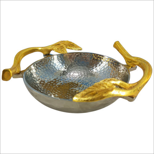 Silver Polished And Gold Plated Aluminum Hammered Bowl With Metal Handle