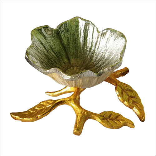 Silver And Gold Plated Aluminum Flower Bowl On Tree Leaves