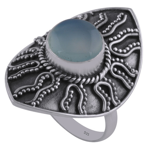 CHALCEDONY AQUA NATURAL GEMSTONE 925 STERLING SOLID SILVER ROUND CABOCHON HANDMADE RING