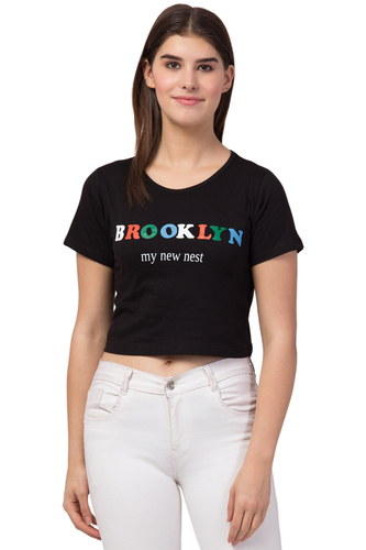 Ladies Crop Black T-Shirt - Cotton Blend, Half Sleeve, Round Neck | Slim Fit, Stretchable, Soft Fabric, Stylish, Versatile