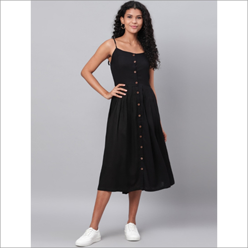Ladies Black Solid A-Line Cotton Dress