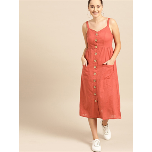 Ladies Rust Orange Solid A-Line Dress