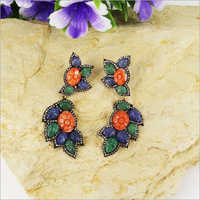 Coral Carving Victorian Earrings - Natural Coral, Emerald & Blue Sapphire Gemstones, 60mm Length, Solid Gold & Silver | 1.73 Carats Diamonds, Prong & Pave Setting