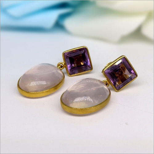 18K Gold Natural Amethyst with Rose Quartz Handmade Earring