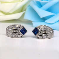 Natural Blue Sapphire & Diamond Earrings - 14k White Gold, Handmade Jewellery With Baguette Cut Diamonds & Princess Cut Sapphires