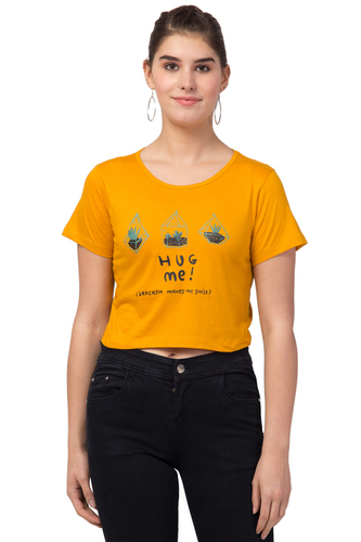Ladies Yellow Printed Crop T-shirt for Girls & Women