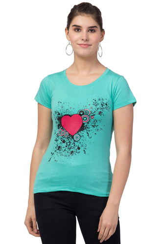 Ladies Sea Green Heart Printed T-shirt for Girls & Women