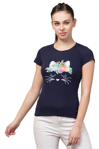 Ladies Casual Navy Top - Cotton, S-XL, Round Neck, Short Sleeve | Soft Fabric, Stylish Design, Comfortable Fit, Cute Print, Durable Material, Easy to Wash, Versatile Style, Slim Fit, Regular Length