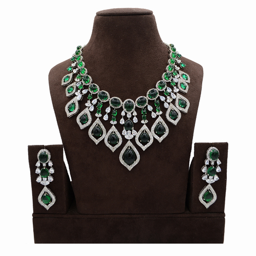 American Diamond Necklace Set with Emerald color Stone By Emerald NX