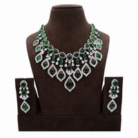 American Diamond Necklace Set with Emerald color Stone