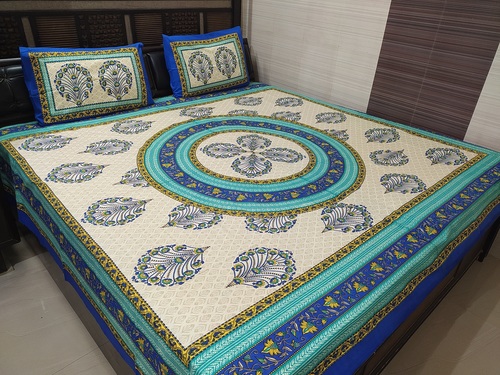 Multi Abc Textile House Pure Cotton Queen Size Jaipuri Print Double Bedsheet With 2 Pillow Covers (90X100 Inches) 220 Tc