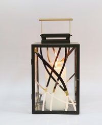 Iron & Glass Lantern Candle Holder - 17x16.5x27.5cm | Black & Rose Gold Finish, Non-handmade, Home Decoration