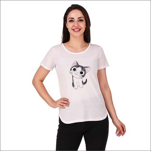 Ladies Cat Print White T-Shirt
