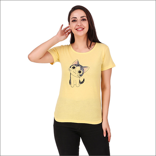 Ladies Half Sleeves Printed Yellow T-Shirt