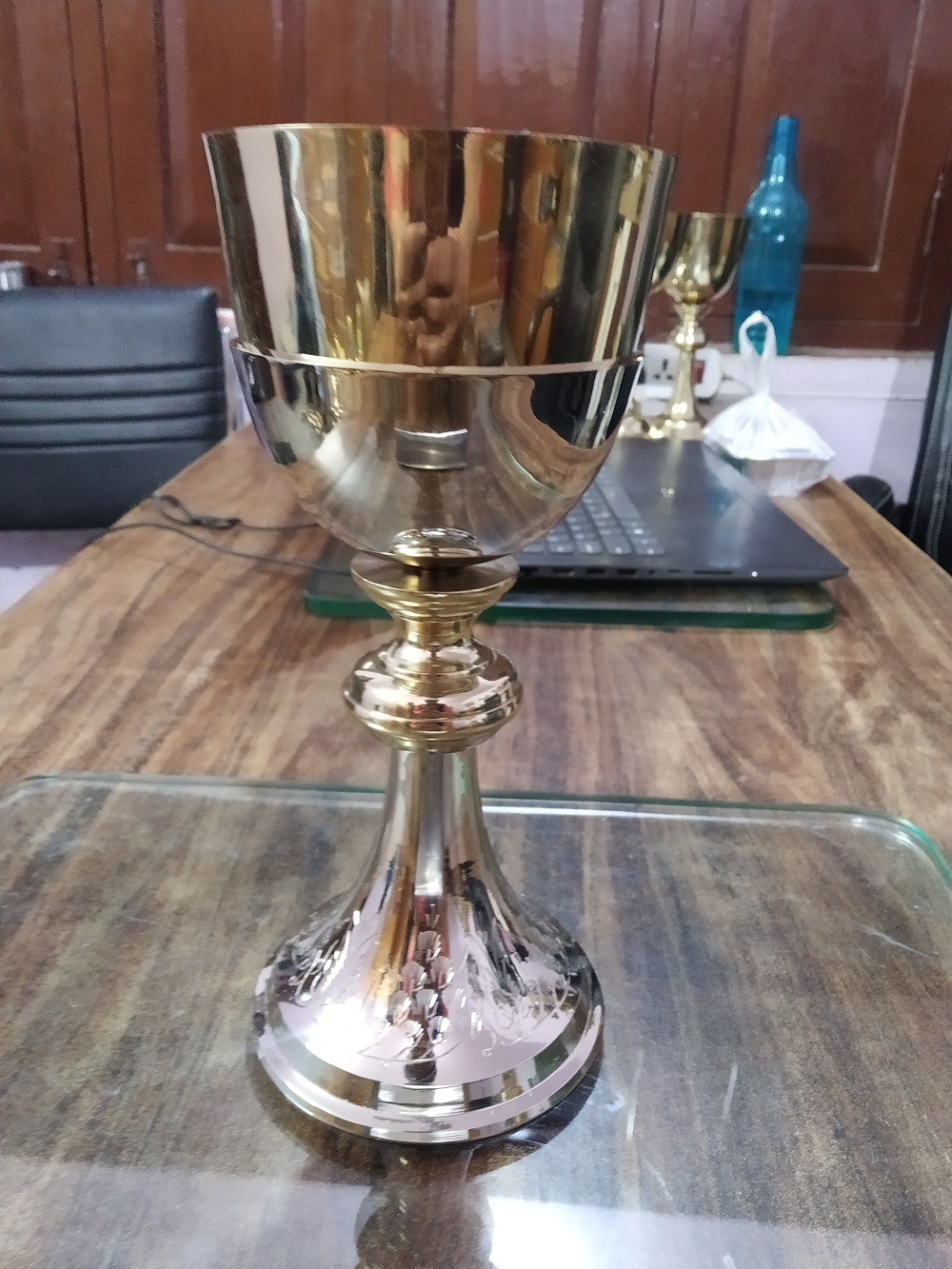 Brass Chalice Antique Engraved With Paten Church Supplies