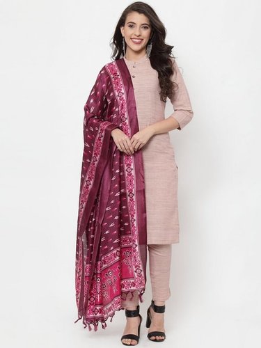 Pink Solid Cotton Kurta with Trousers and Dupatta