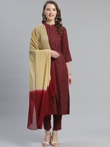 Burgundy beige self checked kurta with trousers dupatta