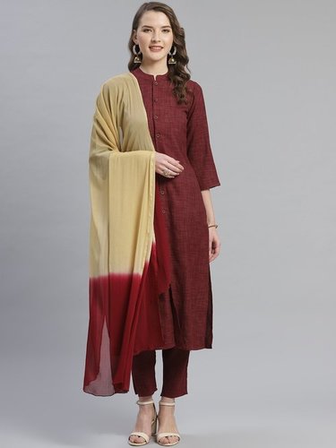 Burgundy and beige self checked kurta with trousers and dupatta