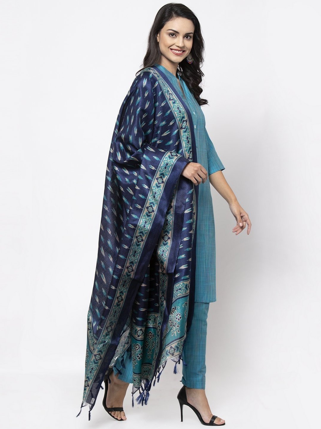 Blue self-striped kurta with trousers and dupatta
