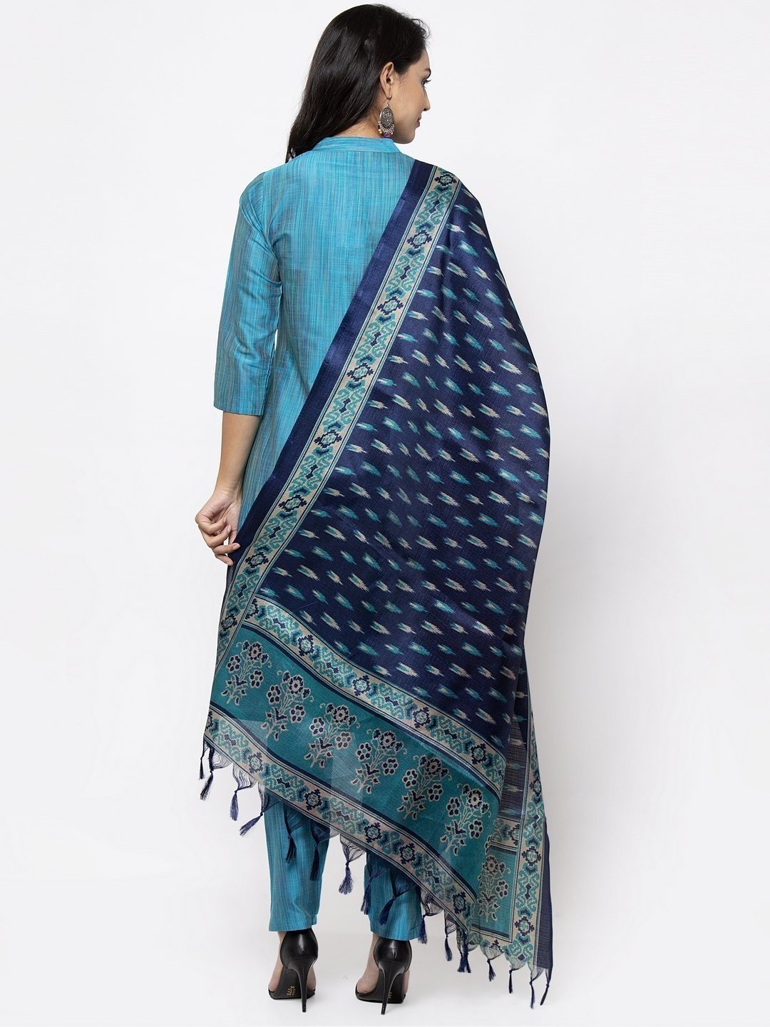 Blue self-striped kurta with trousers and dupatta
