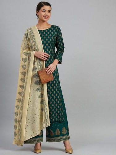 Green, golden and cream-coloured printed kurta with palazzos and dupatta