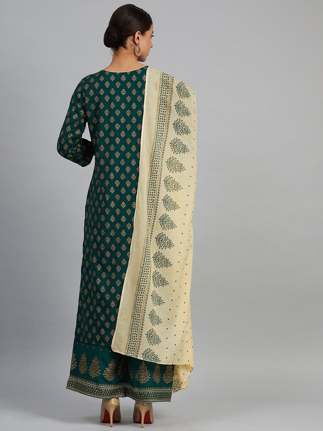 Green golden and cream-coloured printed kurta with palazzos and dupatta