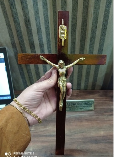 Wall Hanging Wooden Cross With Brass Curicifix Church Supplies By BRASSWORLD INDIA