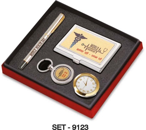 4 pcs Promotional Gift Set (Premium Keychain, Pen, Paper Weight Clock & Business card Holder)