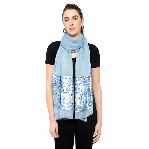 Blue Sequence Work Printed Shawls