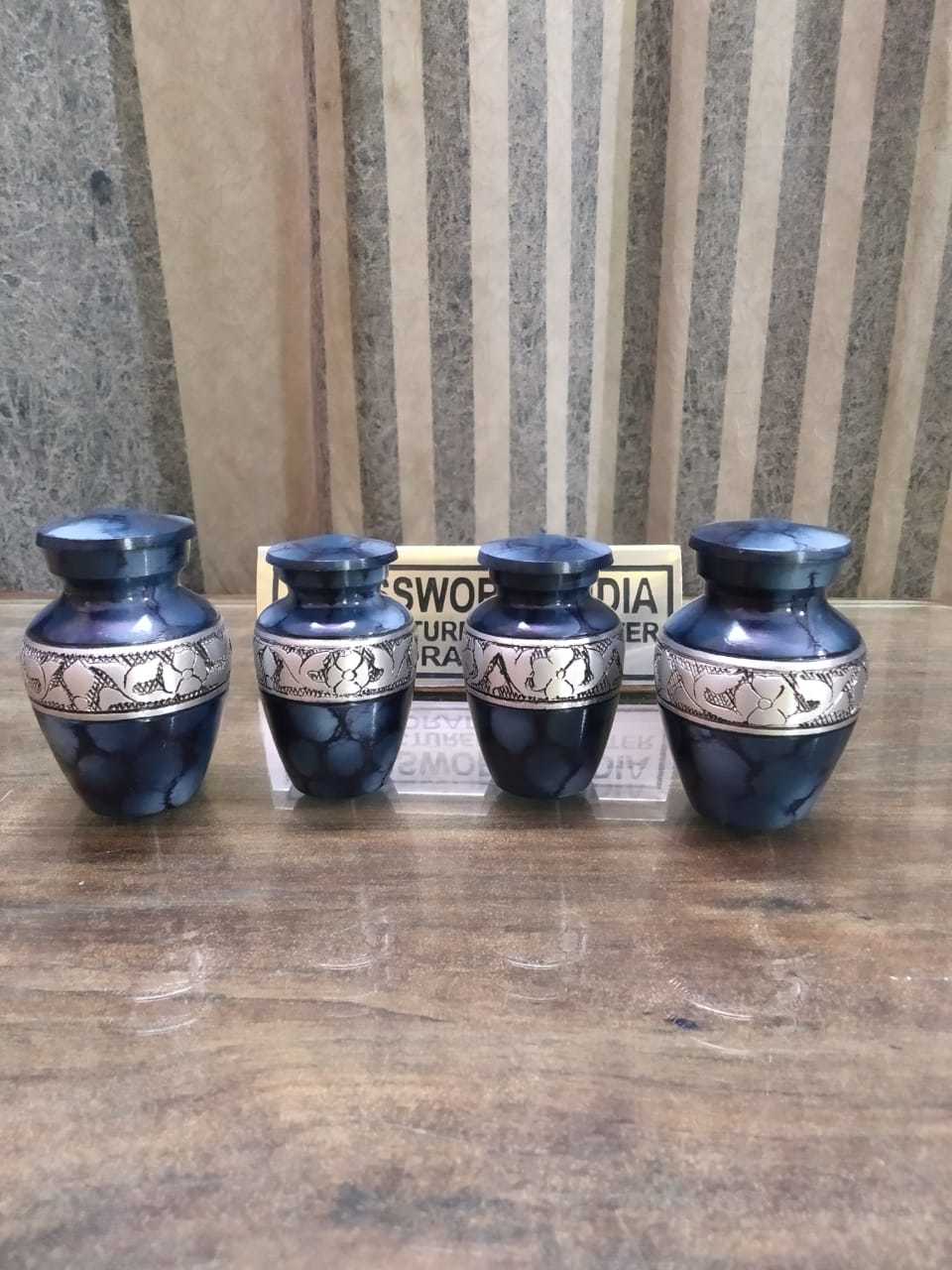 Brass Blue With Silver Flower Engraved Urn Funeral Supplies