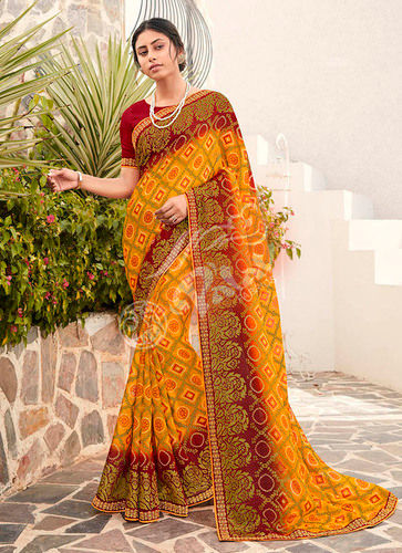 Red printed brasso saree with blouse - Brijraj - 2909538 | Lehenga style,  Saree, Party wear sarees