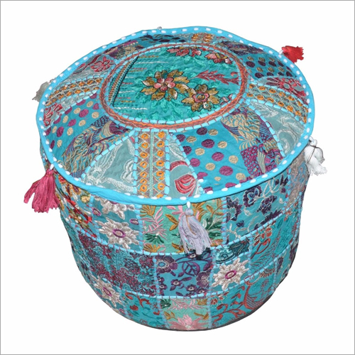 Multicolor Embroidery Work Ottoman Cotton Pouf Cover
