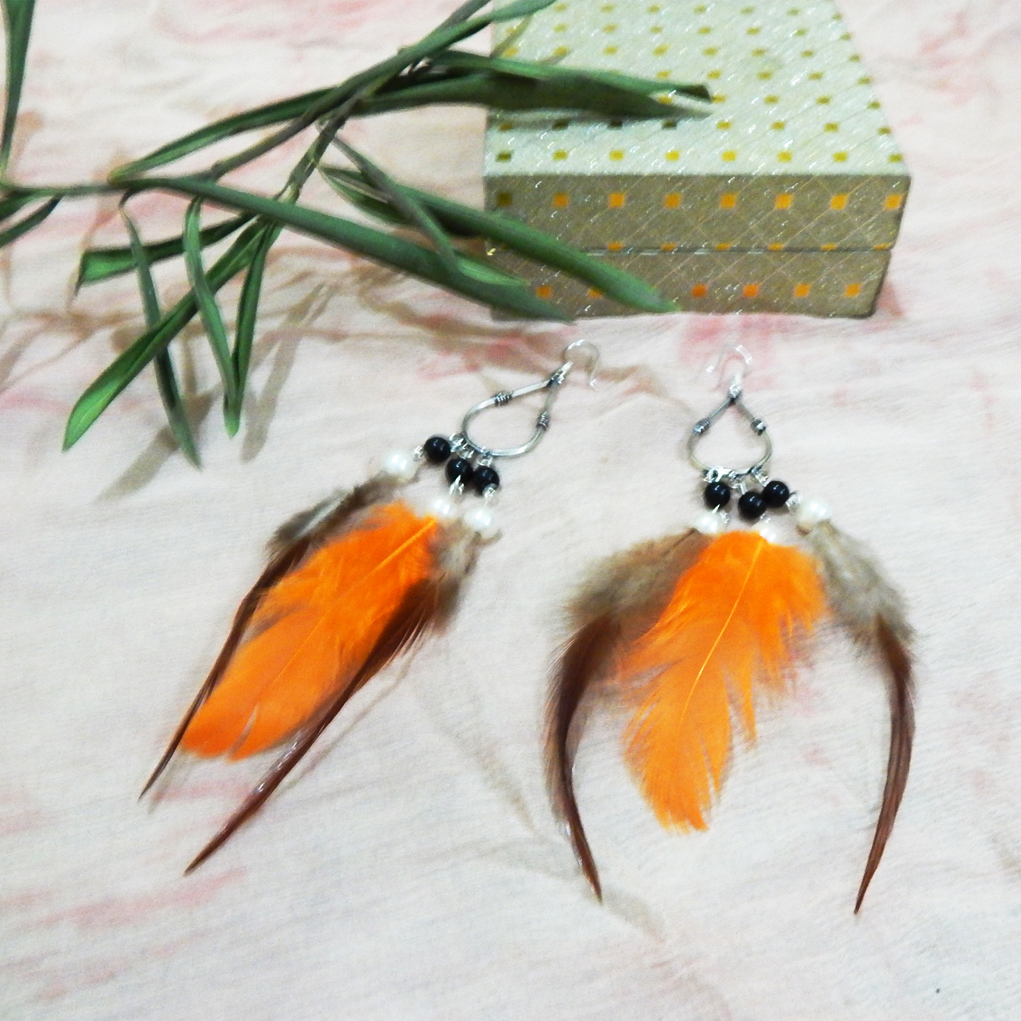 Fancy Birds Feathers and Glass Beads Earrings