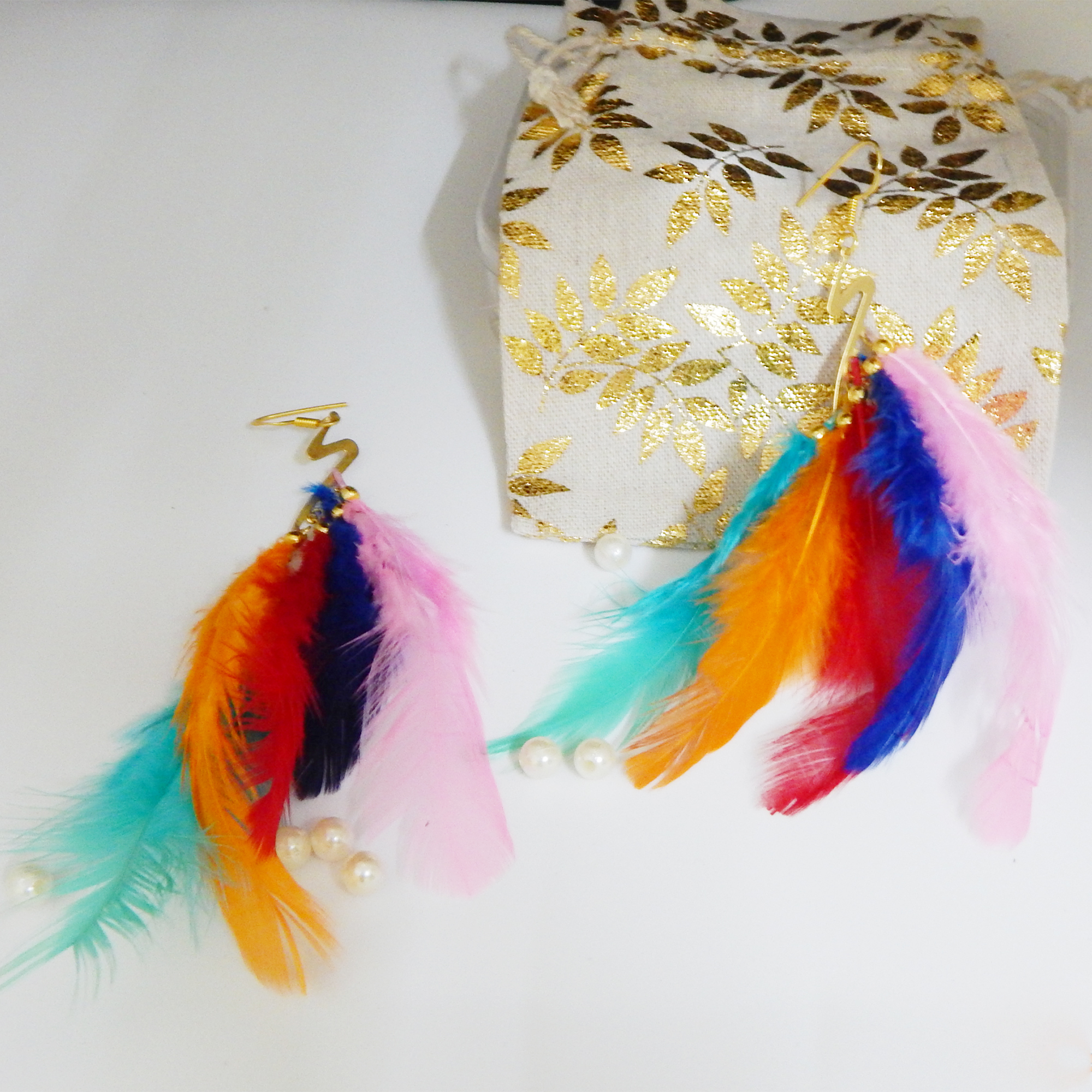 Yellow Metal Beads with Feather Earrings