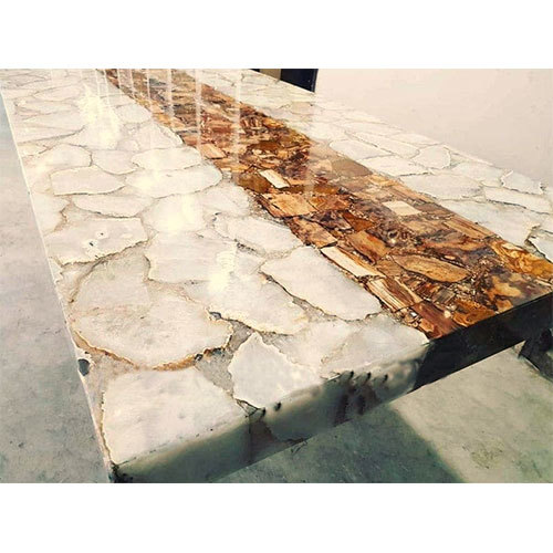 Natural White Agate Stone Table Top with Golden Petrified